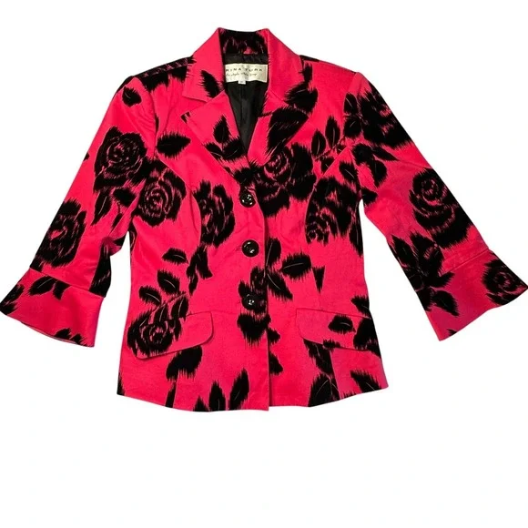 Trina Turk Pink Black Floral Blazer Womens 6 Bell Sleeve Button Career Cocktails - Picture 6 of 12